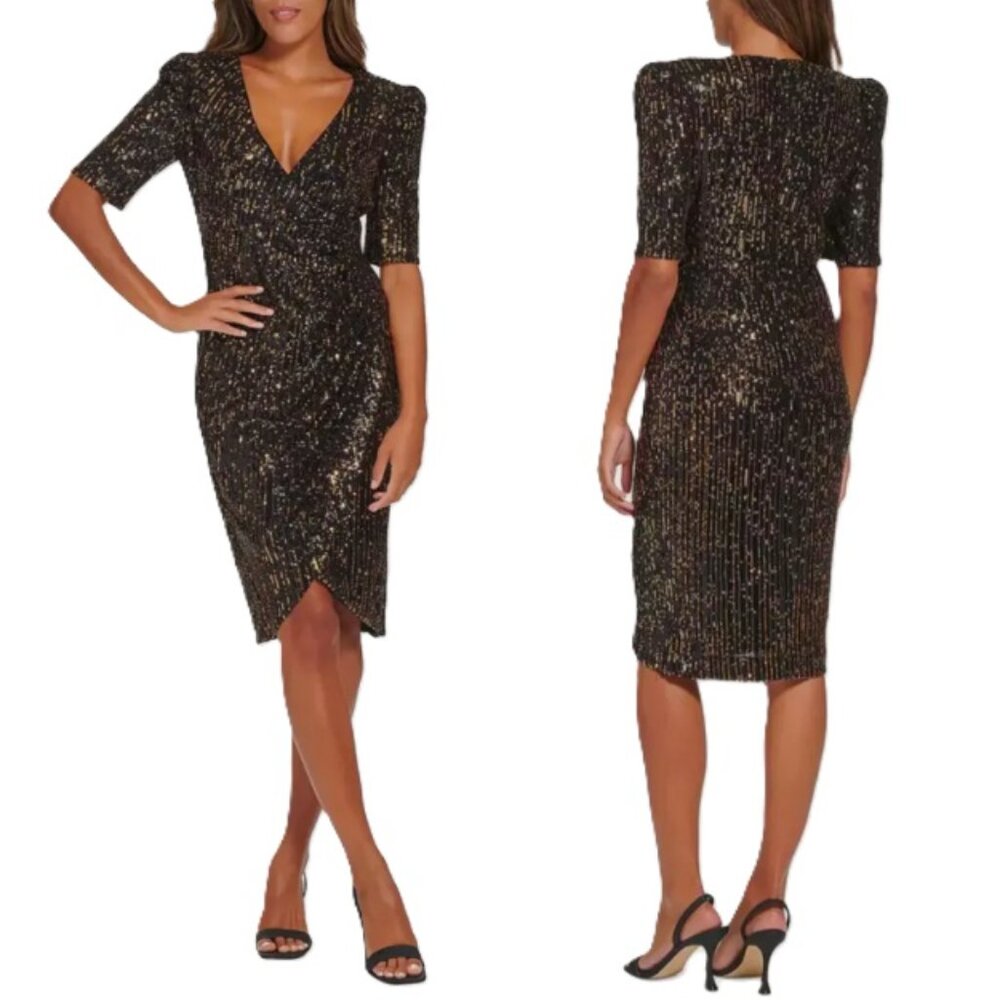 CALVIN KLEIN Gold Sequin Midi Cocktail Dress Crossover V neck Ruched Front sz 12